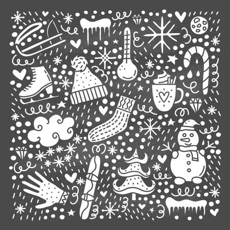 Cute doodle winter icons isolated on chalkboard background.のイラスト素材