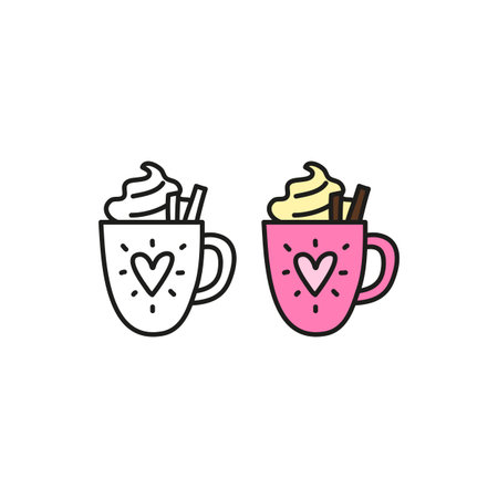 Cute doodle outline and colored hot drink with cream isolated on white background.のイラスト素材