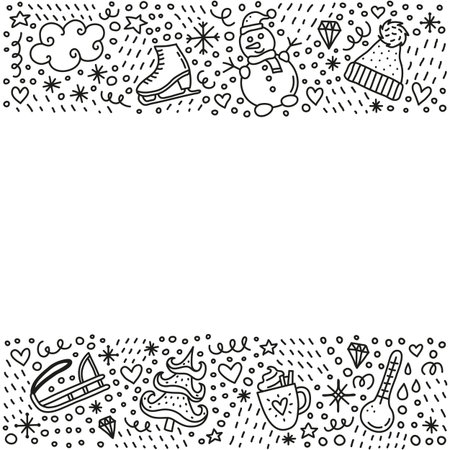 Poster with cute doodle outline winter icons, lines, swirls, symbols around.のイラスト素材