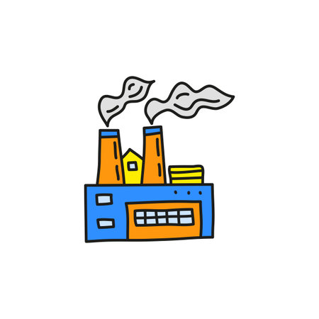 Doodle colored factory icon isolated on white background.のイラスト素材