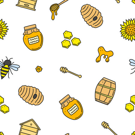 Seamless pattern with cute colored honey doodles.のイラスト素材