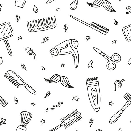 Black and white seamless pattern with doodle outline barber shop icons.のイラスト素材