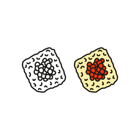 Doodle colored and outline ikura maki sushi isolated on white background.のイラスト素材