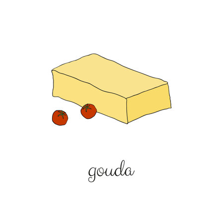Hand drawn colored gouda cheese with cherry tomatoes isolated on white background.のイラスト素材