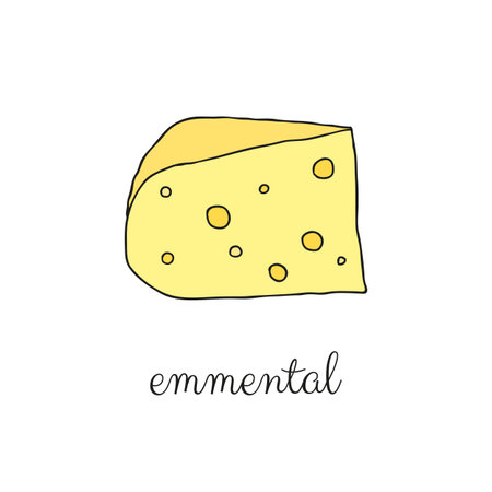 Hand drawn colored emmental cheese isolated on white background.のイラスト素材