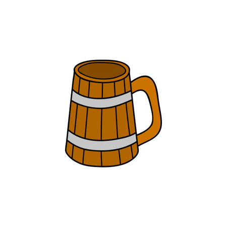 Hand drawn colored wooden mug for beer isolated on white background.のイラスト素材