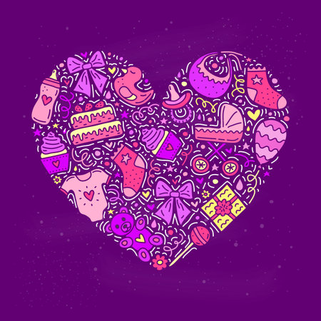 Cute colorful doodle icons for baby shower composed in heart shape.のイラスト素材