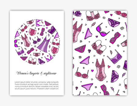 Card templates with hand drawn colored women lingerie and nightwear. Used clip mask.のイラスト素材