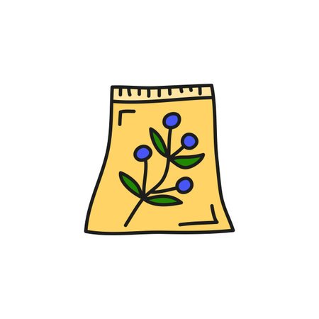 Doodle colored dried herbs or berries in paper bag isolated on white background.のイラスト素材