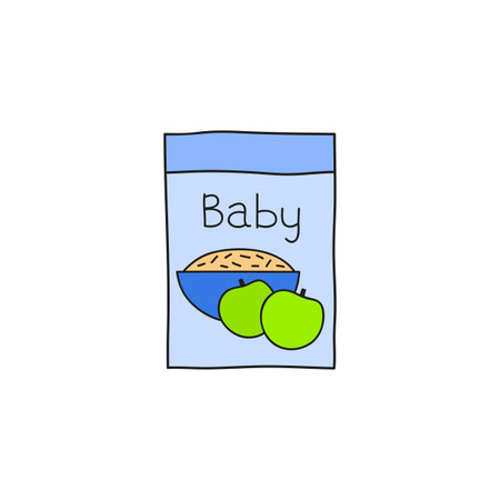 Doodle colored baby fruit porridge icon isolated on white background.のイラスト素材