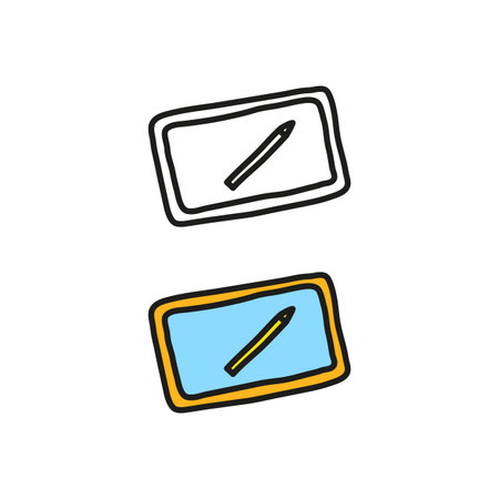 Doodle outline and colored tablet with stylus isolated on white background.のイラスト素材