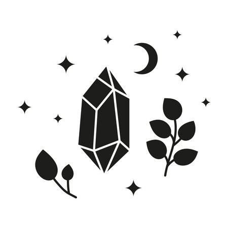 Hand drawn black celestial crystal with leafy branches, stars and crescent moon isolated on white background. sacred geometry. Alchemy esoteric magic talisman. mystical symbol.のイラスト素材