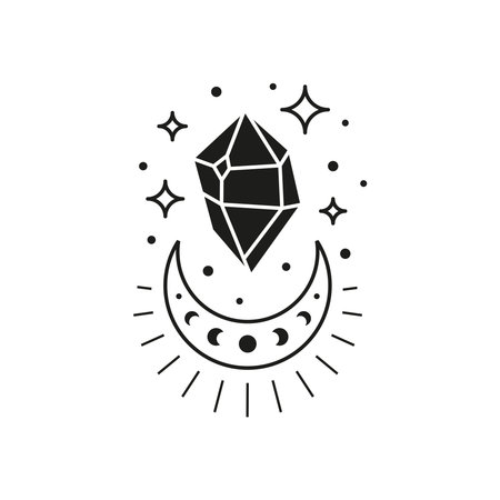 Hand drawn black celestial crystal with crescent, moon phases and stars isolated on white background. sacred geometry. Alchemy esoteric magic talisman. mystical symbol.のイラスト素材