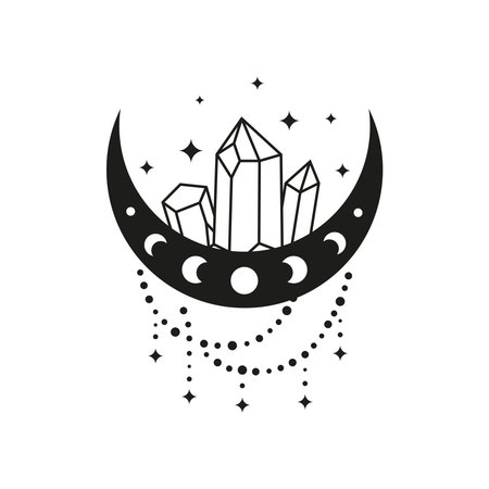 Bohemian crescent with moon phases, outline crystals, beads and stars isolated on white background. witchy moon. Alchemy esoteric magic talisman. mystical symbol.のイラスト素材