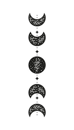 Hand drawn black celestial floral moon phases isolated on white background. Withy luna. Boho chic silhouette. Suitable for brochures, wall decor, postcards, prints, covers.のイラスト素材