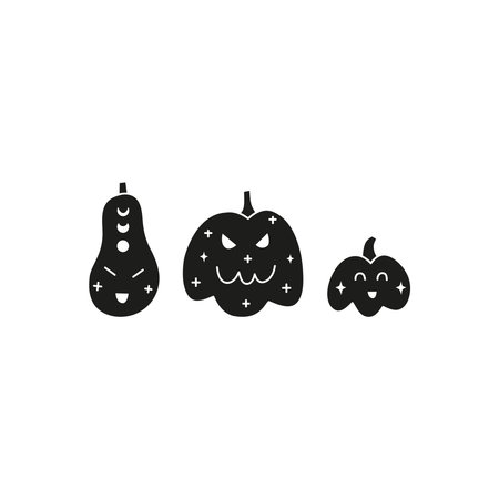 Doodle black Halloween pumpkins with moon phases and stars isolated on white background.のイラスト素材