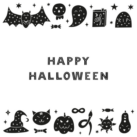 Poster with doodle Halloween icons including pumpkin, bat, witch hat, ghost, snake, gravestone, sun, moon, scull, candies, etc.のイラスト素材