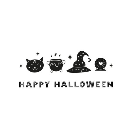 Doodle Halloween poster with lettering and cat head, witch boiling pot, hat, glass ball isolated on white background.のイラスト素材
