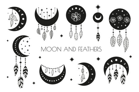 Boho moon set. Black crescents with striped feathers, moon phases and stars isolated on white background. witchy moon. Alchemy esoteric magic talismans. mystical symbols.のイラスト素材