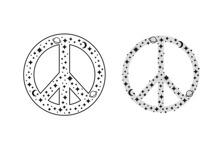 Peace sign with stars and planets isolated on white background. Psychedelic symbol.のイラスト素材