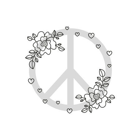 Peace floral sign with poppy flowers and hearts isolated on white background. Psychedelic symbol.のイラスト素材