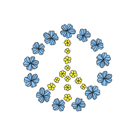 Peace floral sign with colored flowers in colors of Ukraine isolated on white background. Psychedelic symbol.のイラスト素材