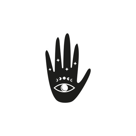 Doodle celestial witchy hand with third eye and moon phases isolated on white background.のイラスト素材