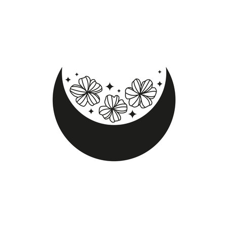 Bohemian floral crescent moon with flowers and stars isolated on white background. witchy moon. Alchemy esoteric magic talisman. Mystical boho symbol.のイラスト素材