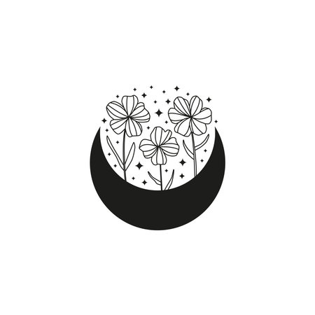 Bohemian floral crescent moon with flowers and stars isolated on white background. witchy moon. Alchemy esoteric magic talisman. Mystical boho symbol.のイラスト素材
