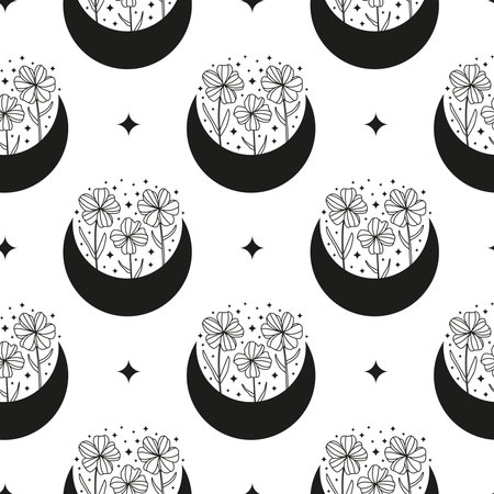 Boho black and white seamless pattern with crescent moon, wildflowers and stars. Bohemian modern background. Celestial wrapping paper.のイラスト素材