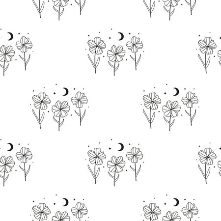 Botanical black and white seamless pattern with wildflowers, crescent moon and stars. Boho modern background. Floral wrapping paper.のイラスト素材