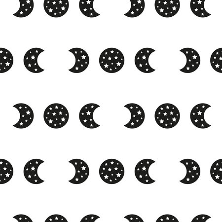 Black and white boho seamless pattern with moon phases and stars. Bohemian modern background. Celestial wrapping paper.のイラスト素材