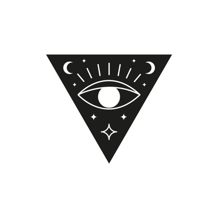 Third eye in triangle shape with crescent moon and stars isolated on white background. Esoteric boho...