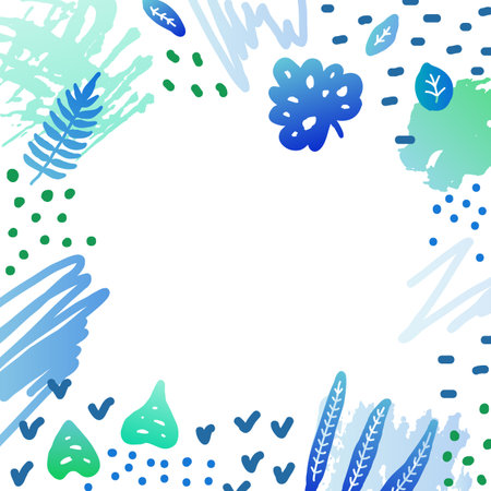 Square background with doodle colored jungle leaves, brush strokes and dots. Used clip mask.のイラスト素材