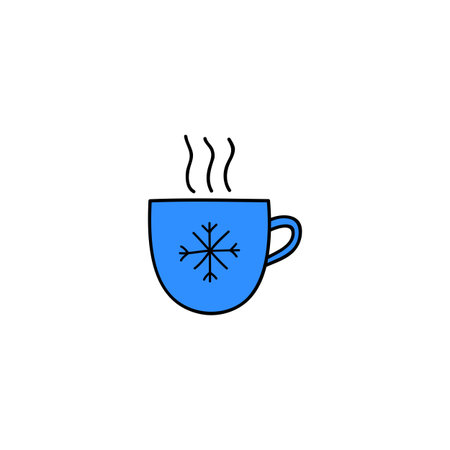 Doodle colored cup with snowflake and hot steam isolated on white background.のイラスト素材