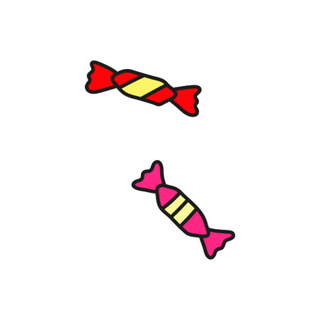 Doodle colored candies with wrappers isolated on white background.のイラスト素材