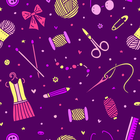 Violet seamless pattern with colorful hand made doodles.