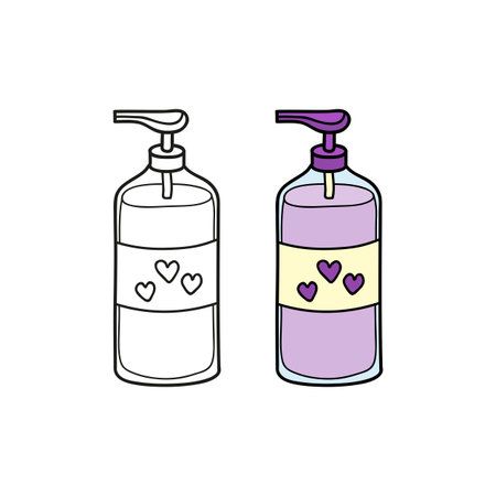 Doodle outline and colored shower gel, shampoo or body lotion isolated on white background.のイラスト素材