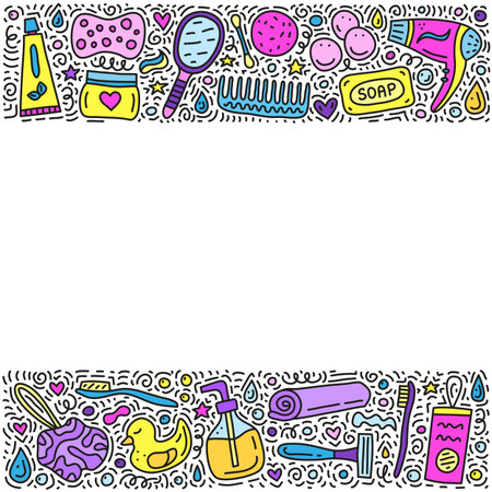 Poster with doodle colored bathroom and hygiene icons, symbols around.のイラスト素材