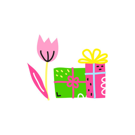 Abstract colorful doodle tulip and gift boxes isolated on white background.のイラスト素材
