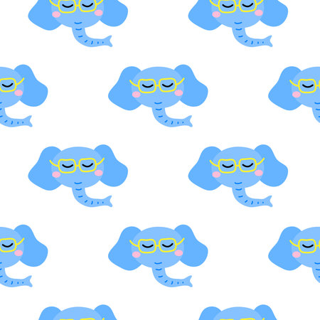 Seamless pattern with doodle blue elephant faces.のイラスト素材