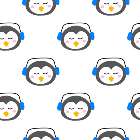 Seamless pattern with doodle colorful penguin faces.のイラスト素材