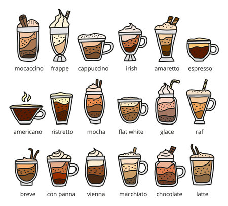 Different colored doodle types of coffee drinks with names isolated on white background.のイラスト素材