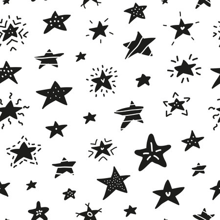 Black and white seamless pattern with doodle abstract stars.のイラスト素材