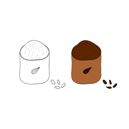 Doodle outline and colored cocoa instant drink in box isolated on white background.のイラスト素材