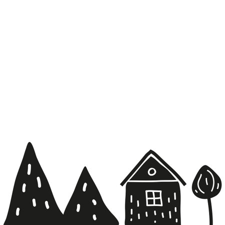 Simple scandinavian poster with black doodle house, tree, and mountains on white background.のイラスト素材