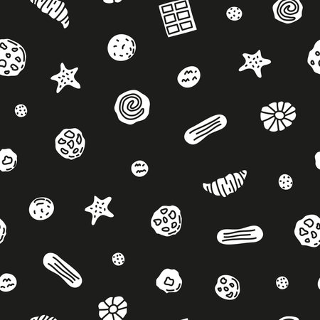 Black and white seamless pattern with doodle cookies, waffles and candies.のイラスト素材