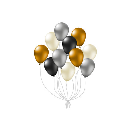 Big bunch of helium balloons with glossy smooth surface isolated on white background.のイラスト素材
