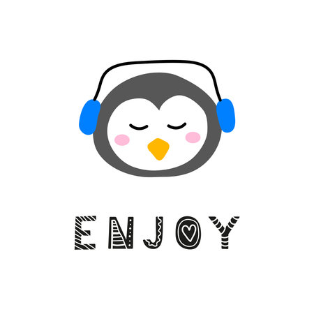 Cute hand drawn illustration with penguin face and lettering enjoy isolated on white background.のイラスト素材