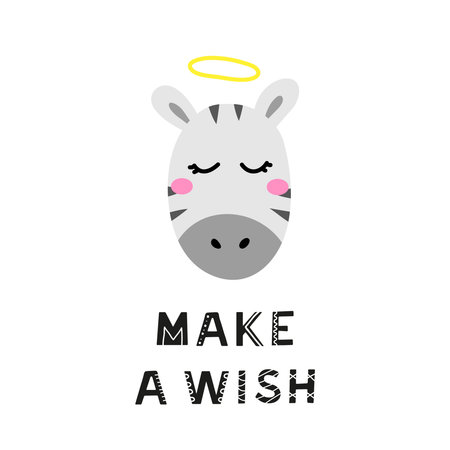 Cute hand drawn illustration with zebra face and lettering make a wish isolated on white background.のイラスト素材